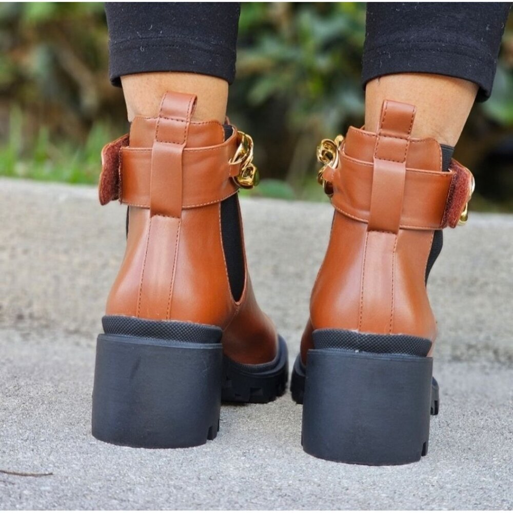 Women's Tan Combat Ankle Boots Heeled Booties - Picture 6 of 6